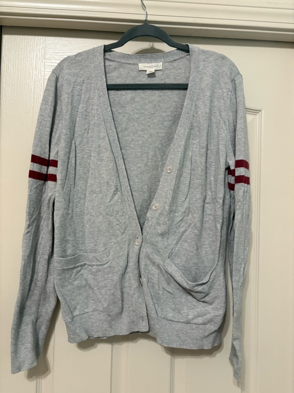 Treasure & Bond Light Gray Cardigan with Red Stripe Sleeves